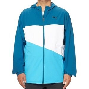 Puma Men Training Windbreaker Hoodie XL Blue White Teal Colorblock Athlete Sport